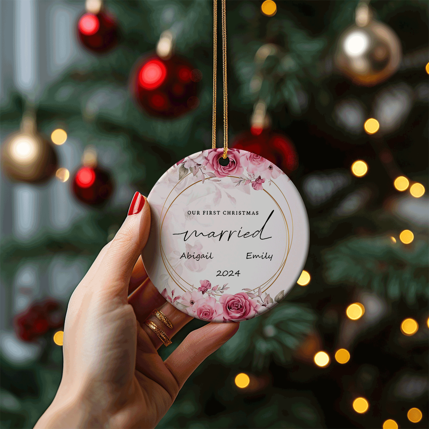 Our First Christmas Married Ornament | Elegant Floral Design for Newlyweds | Ceramic Ornament